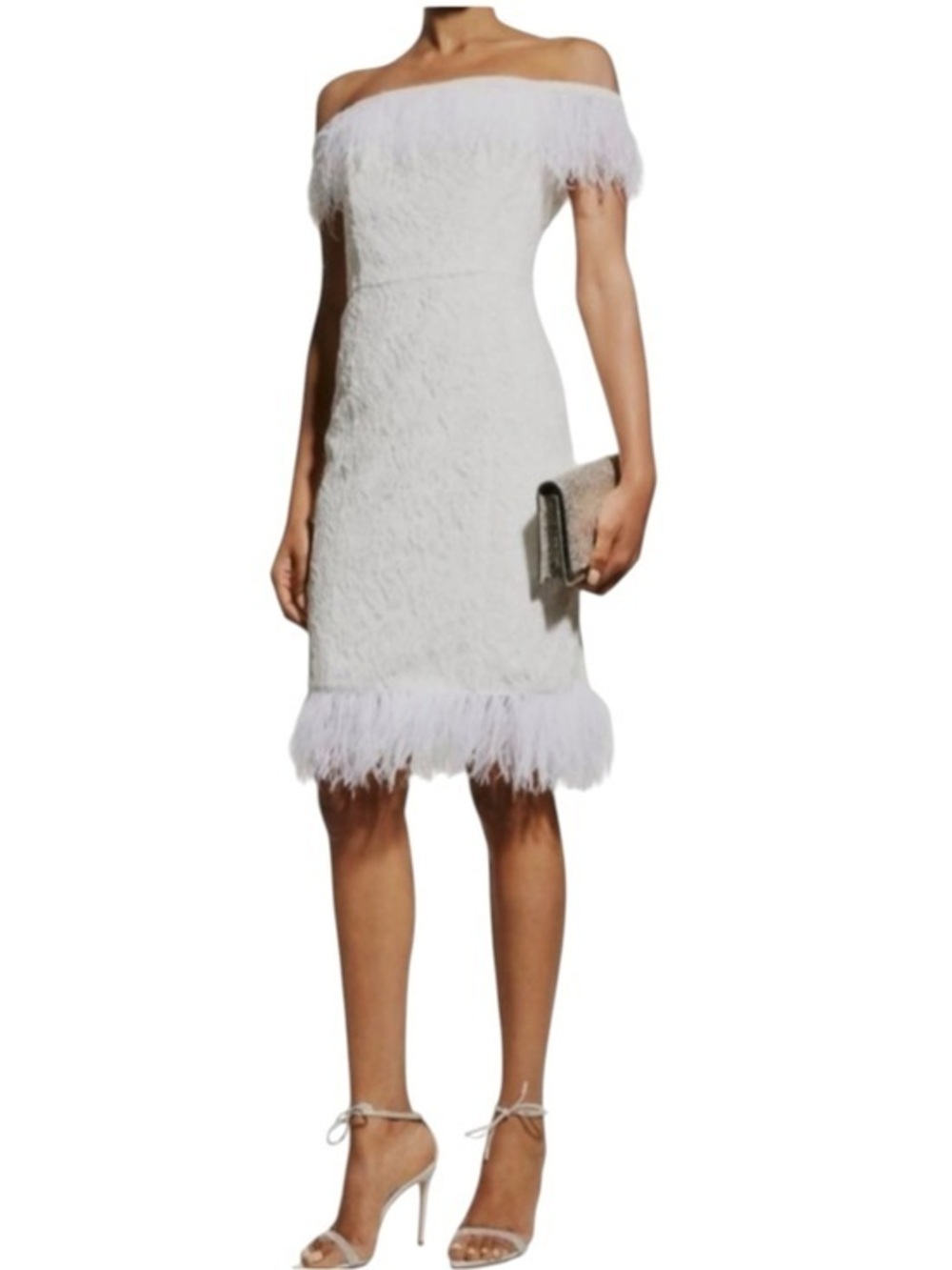 NWT Aidan Mattox Women Ivory Off-Shoulder Feather-Trim Lace Dress Size 2